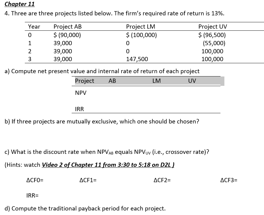  Chapter 11 4. Three are three projects listed below. The firm's