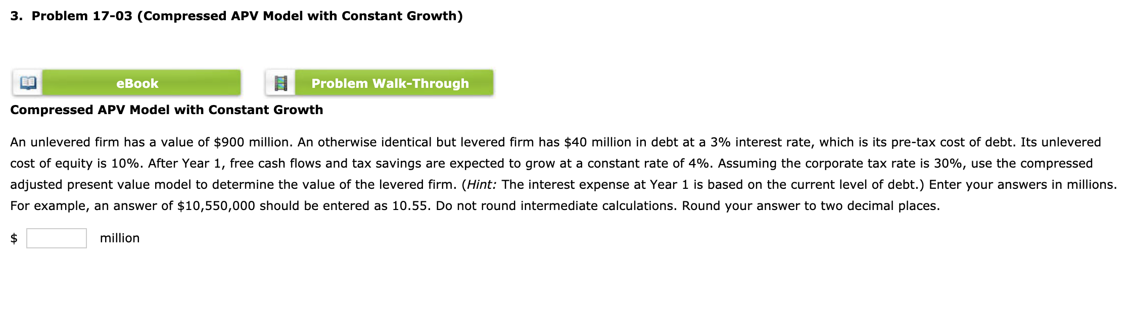  3. Problem 17-03 (Compressed APV Model with Constant Growth) eBook Problem