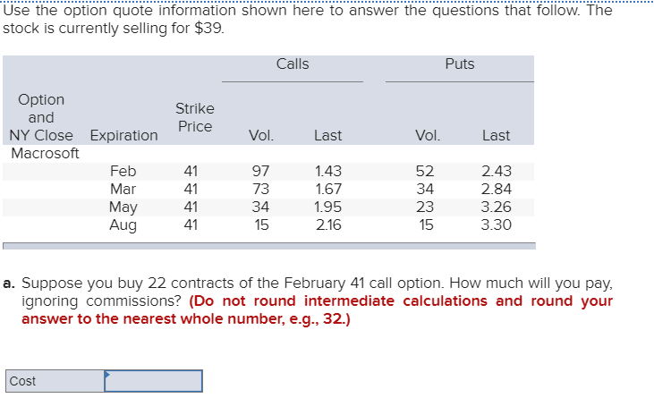  Use the option quote information shown here to answer the questions