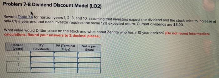  Problem 7-8 Dividend Discount Model (LO2) Rework Table 74 for horizon