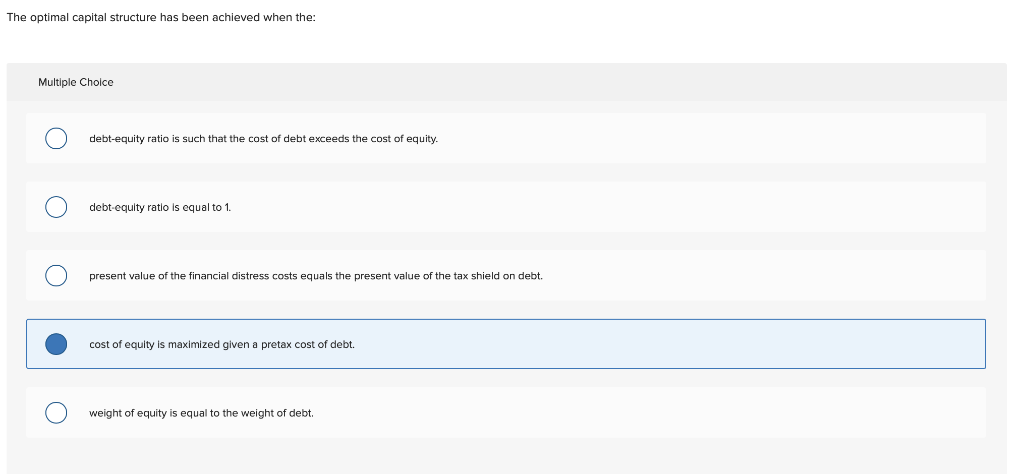  The optimal capital structure has been achieved when the Multiple Choice