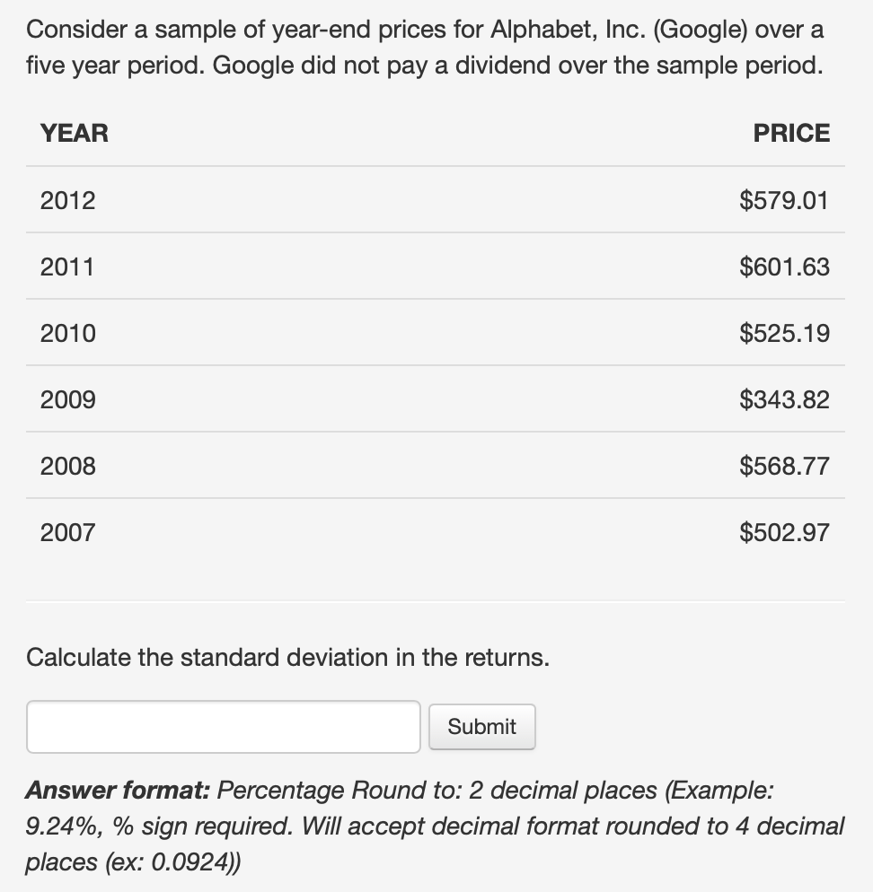 financial calculator. Consider a sample of year-end prices for Alphabet, Inc. (Google)