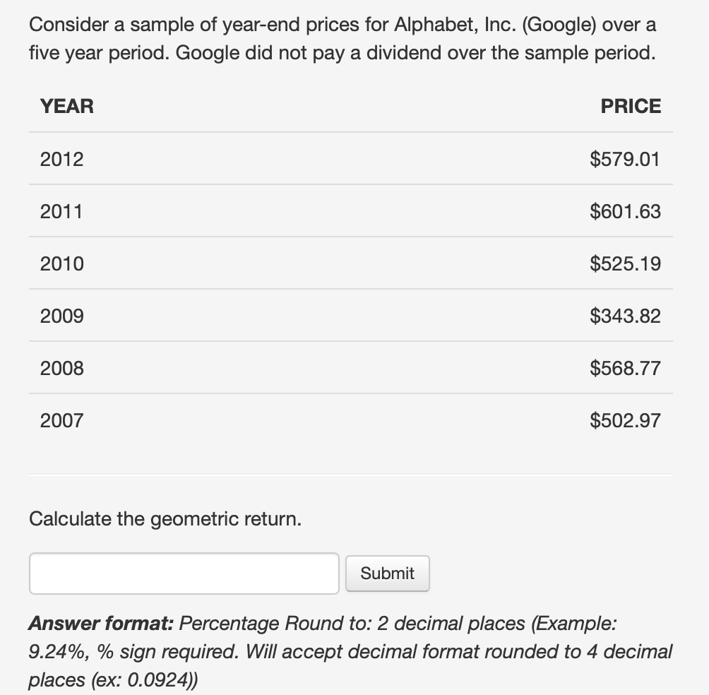 the sample period. YEAR PRICE 2012 $571.40 2011 $609.89 2010 $532.79 2009