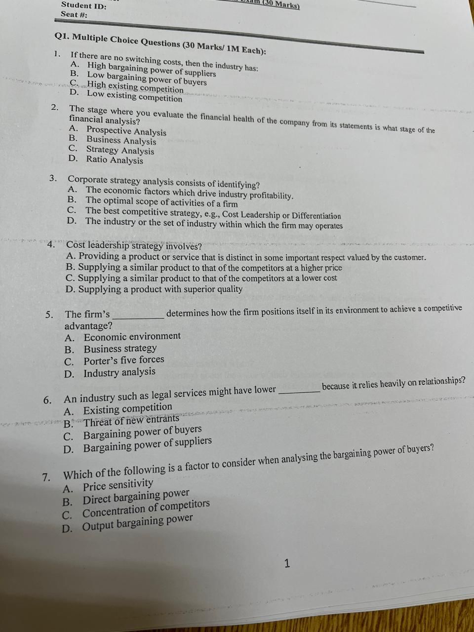  financial analysis Q1. Multiple Choice Questions (30 Marks/1M Each): If there