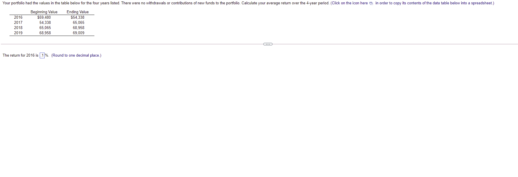  Your portfolio had the values in the table below for the