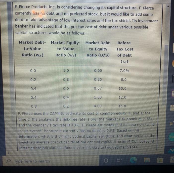  F. Pierce Products Inc. is considering changing its capital structure. F.