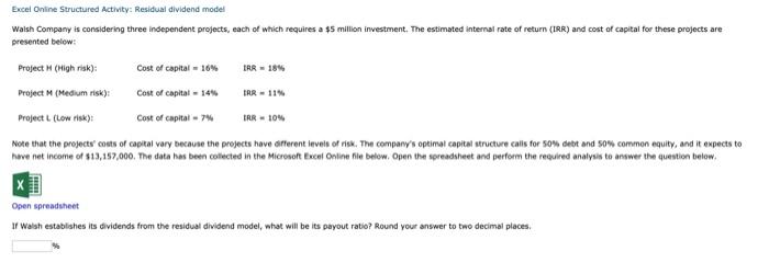 pls help Excel Online Structured Activity: Residual dividend model gresented belew: Project