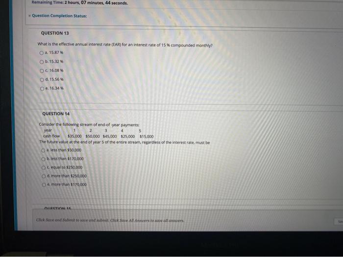  Remaining Time: 2 hours, 07 minutes, 44 seconds Question Completion Status: