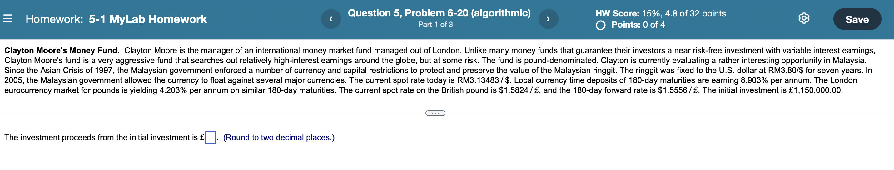 = Homework: 5-1 MyLab Homework Question 5, Problem 6-20 (algorithmic) Part