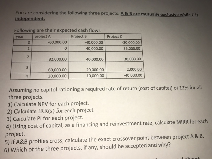  You are considering the following three projects. A & B are