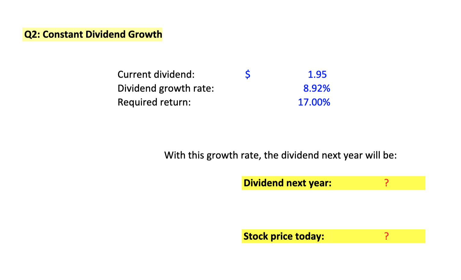 Please show formulas on excel Q2: Constant Dividend Growth $ Current dividend: