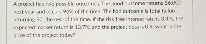 will rate the answer A project has two possible outcomes. The good