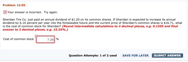  Problem 13.05 Your answer is incorrect. Try again. Sheridan Tire Co.