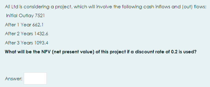 Ali Ltd is considering a project, which will involve the following