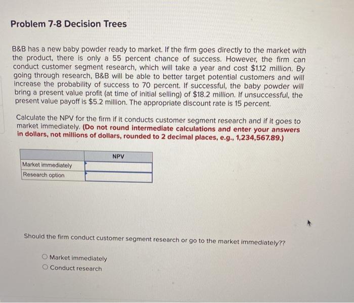  Problem 7-8 Decision Trees B&B has a new baby powder ready