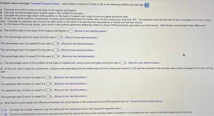  please help Portfolio return and beta Personal Finance Problem Jamie Peters