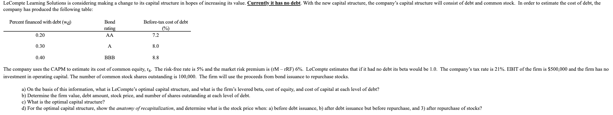 LeCompte Learning Solutions is considering making a change to its capital
