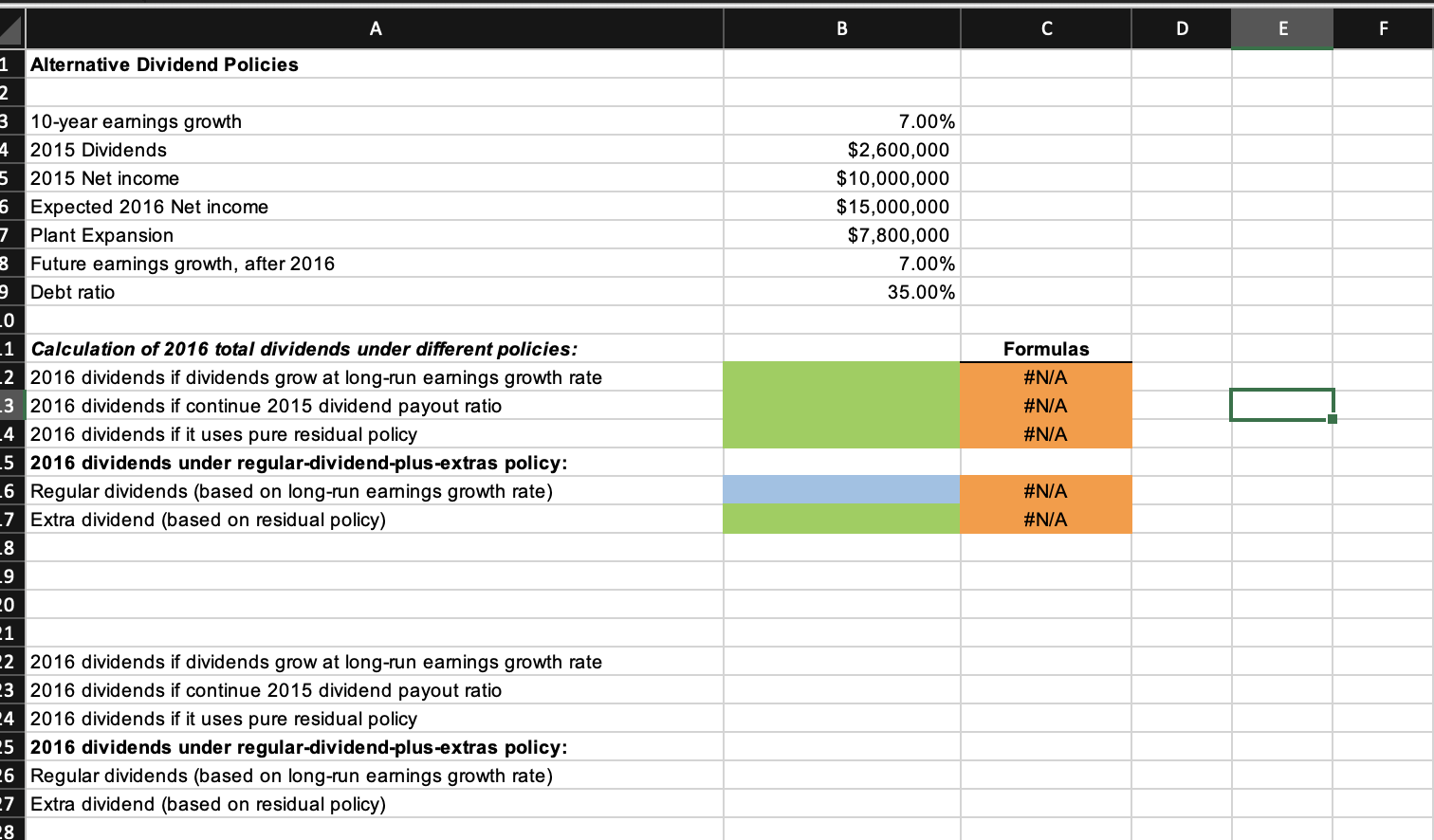 Alternative Dividend Policy A B C D E F 7.00% $2,600,000 $10,000,000