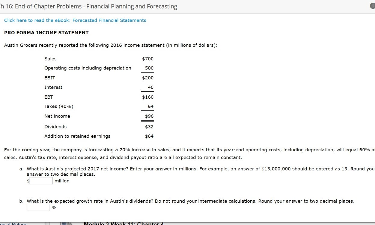  Ch 16: End-of-Chapter Problems - Financial Planning and Forecasting Click here
