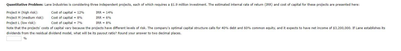 Quantitative Problem: Lane Industries is considering three independent projects, each of
