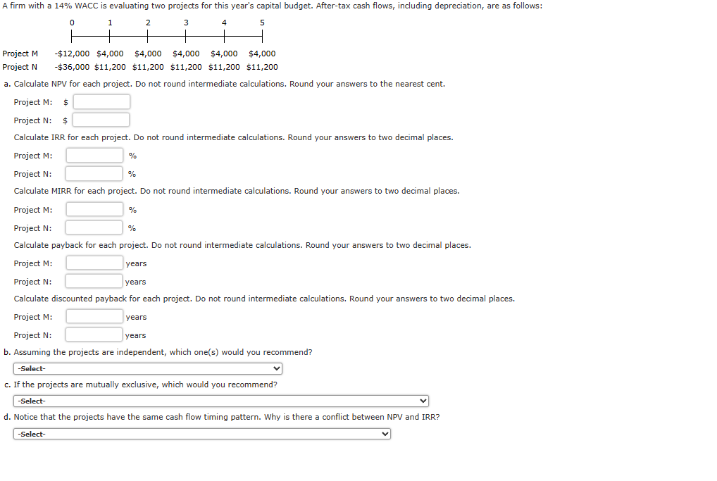  A firm with a 14% WACC is evaluating two projects for
