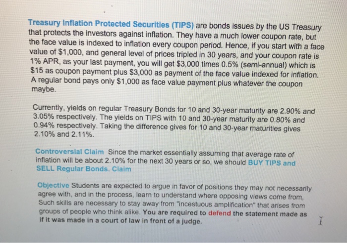  Treasury Inflation Protected Securities (TIPS) are bonds issues by the US