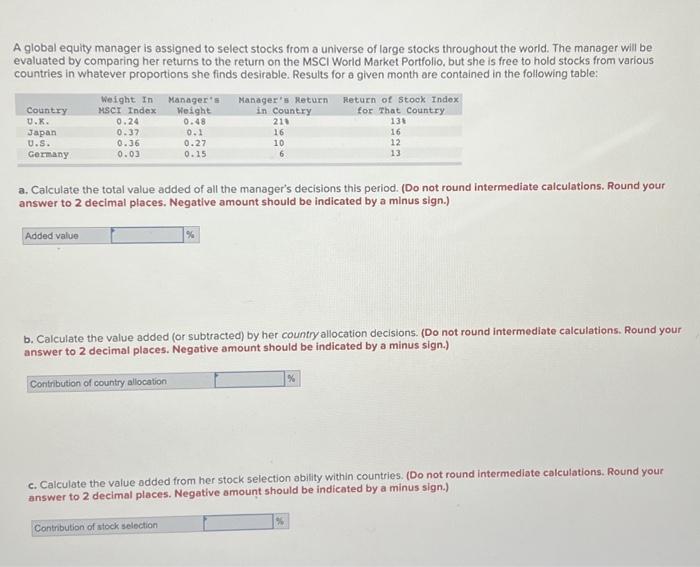  A global equity manager is assigned to select stocks from a
