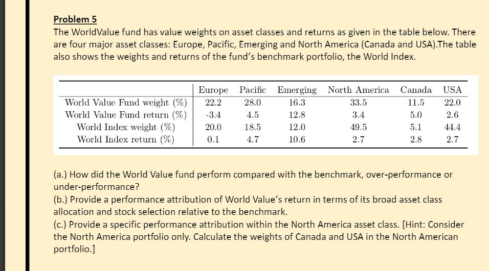 Problem 5 The WorldValue fund has value weights on asset classes