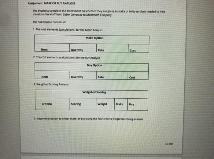  Assignment: MAKE OR BUY ANALYSIS The Students complete the assessment on
