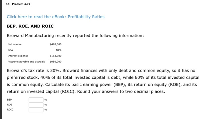  15. Problem 4.09 Click here to read the eBook: Profitability Ratios