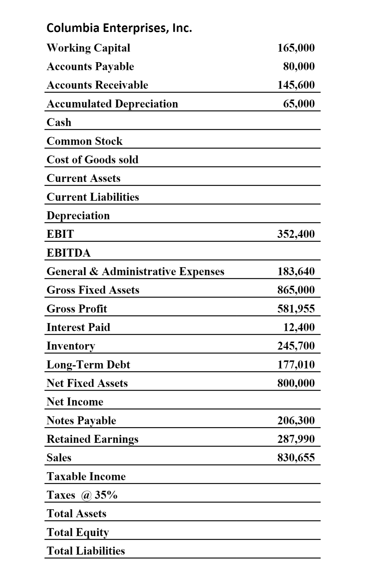 Using the information given, complete the Balance Sheet and Income Statement for