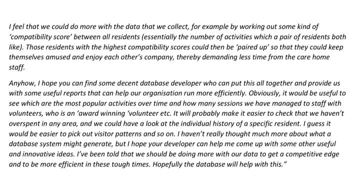 and Databases Assignment scenario A residential care home company has decided to