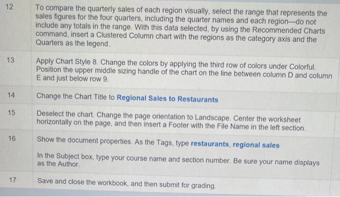 Excel. Download and open the file named Student_Excel_1G_Regional_Restaurants.xlsx downloaded with this project,