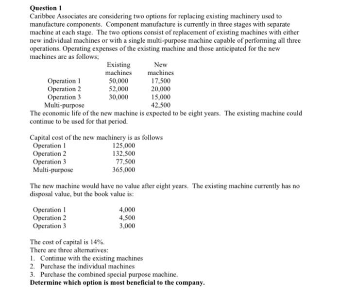  Question 1 Caribbee Associates are considering two options for replacing existing