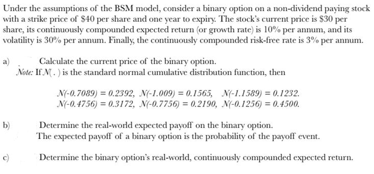  Under the assumptions of the BSM model, consider a binary option