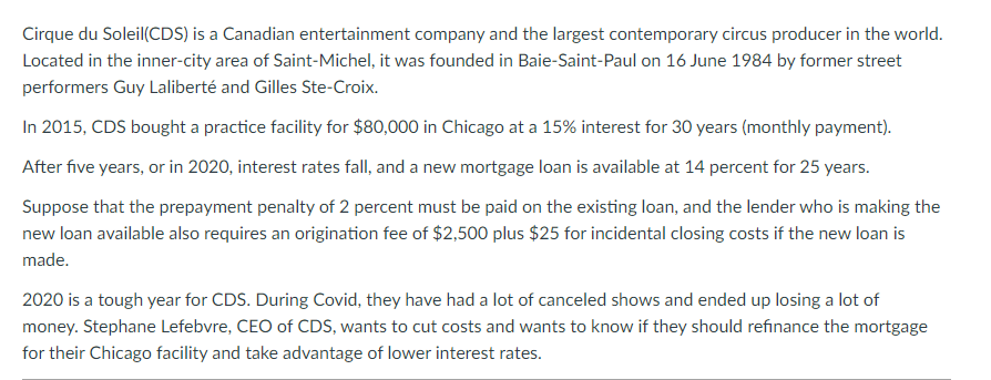 Please show setp by step solution in excel formulae Cirque du