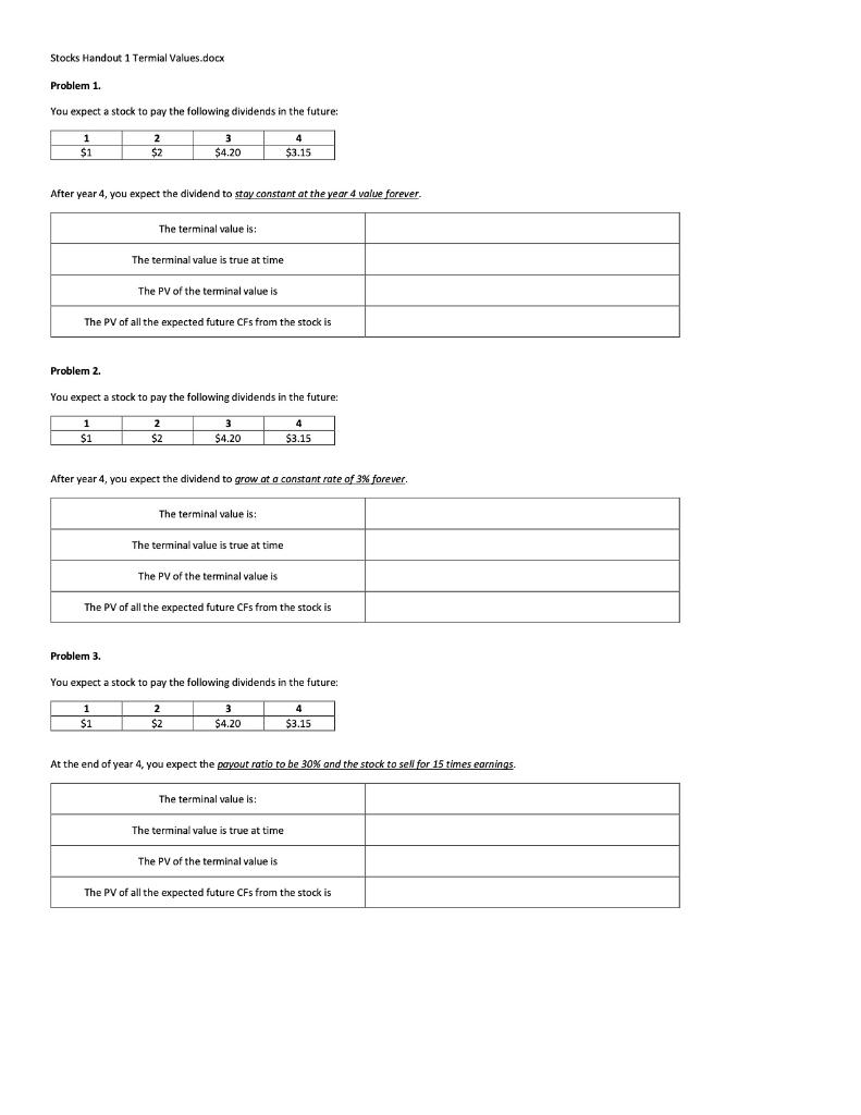  Stocks Handout 1 Termial Values.docx Problem 1. You expect a stock
