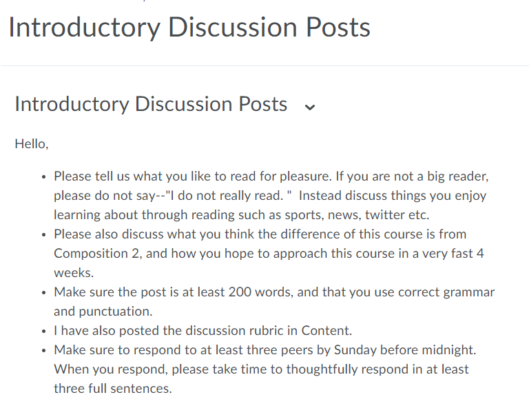  Introductory Discussion Posts Introductory Discussion Posts Hello, Please tell us what