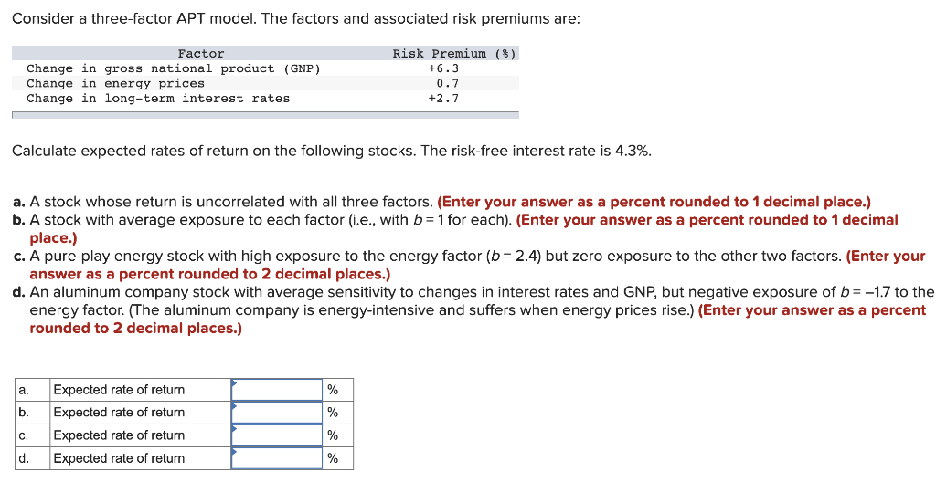  Consider a three-factor APT model. The factors and associated risk premiums
