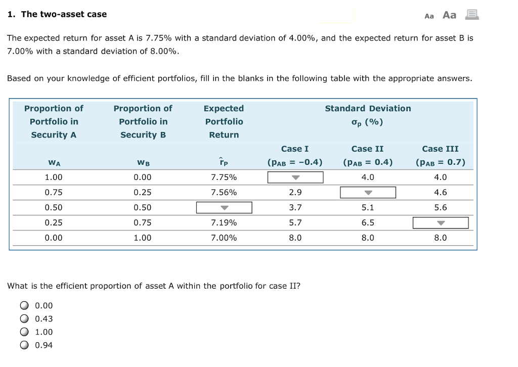 1. The two-asset case Aa Aa The expected return for asset