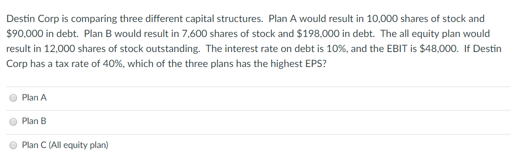 Destin Corp is comparing three different capital structures. Plan A would
