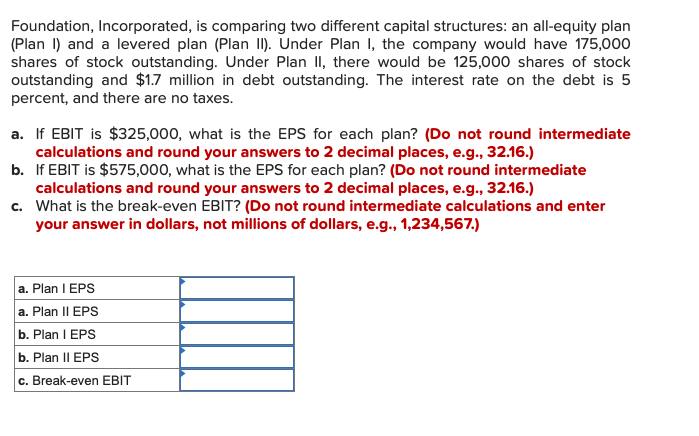 Please answer the following: Foundation, Incorporated, is comparing two different capital structures: