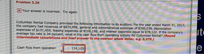  Problem 3.26 Your answer is incorrect. Try again. Cullumber Rental Company