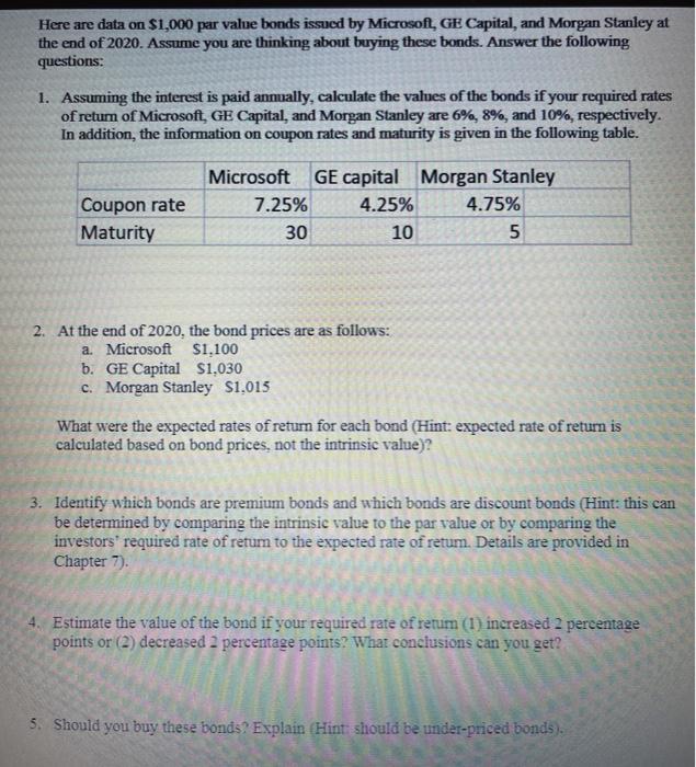  Here are data on $1,000 par value bonds issued by Microsoft,