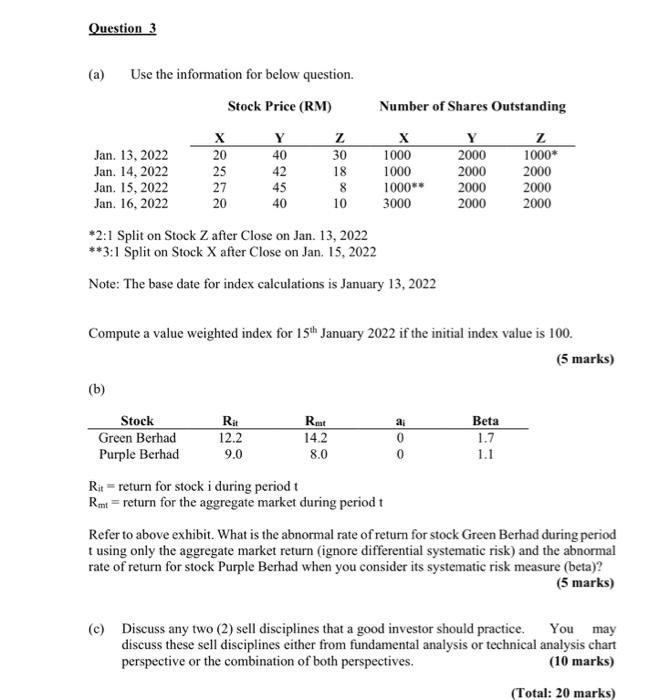 question 3 Question 3 (a) Use the information for below question. Stock