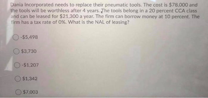  Dania Incorporated needs to replace their pneumatic tools. The cost is