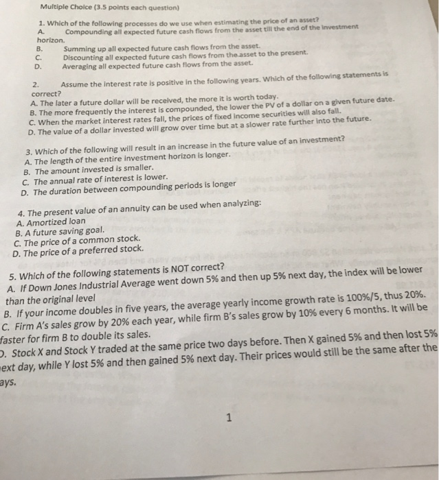  Multiple Choice (3.5 points each question) 1. Which of the following