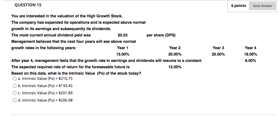 QUESTION 15 6 points Save Answer Year 3 Year 4 25.00%