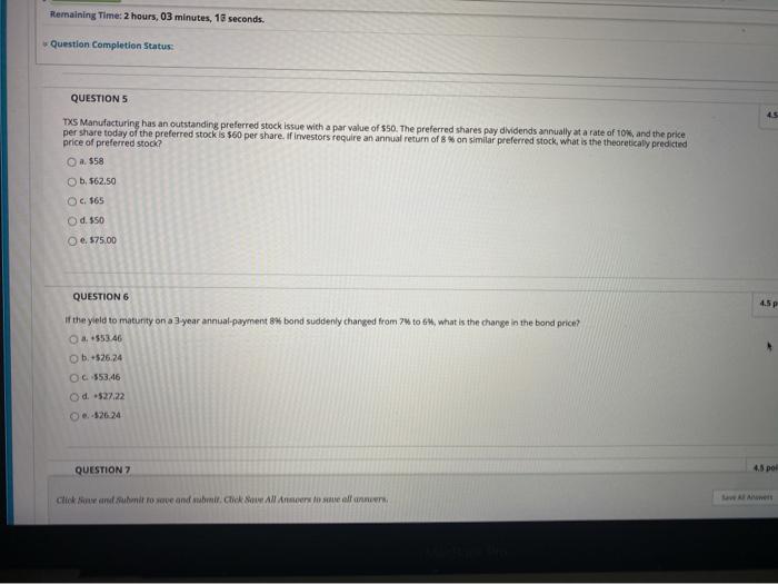  Remaining Time: 2 hours, 03 minutes, 18 seconds. Question Completion Status: