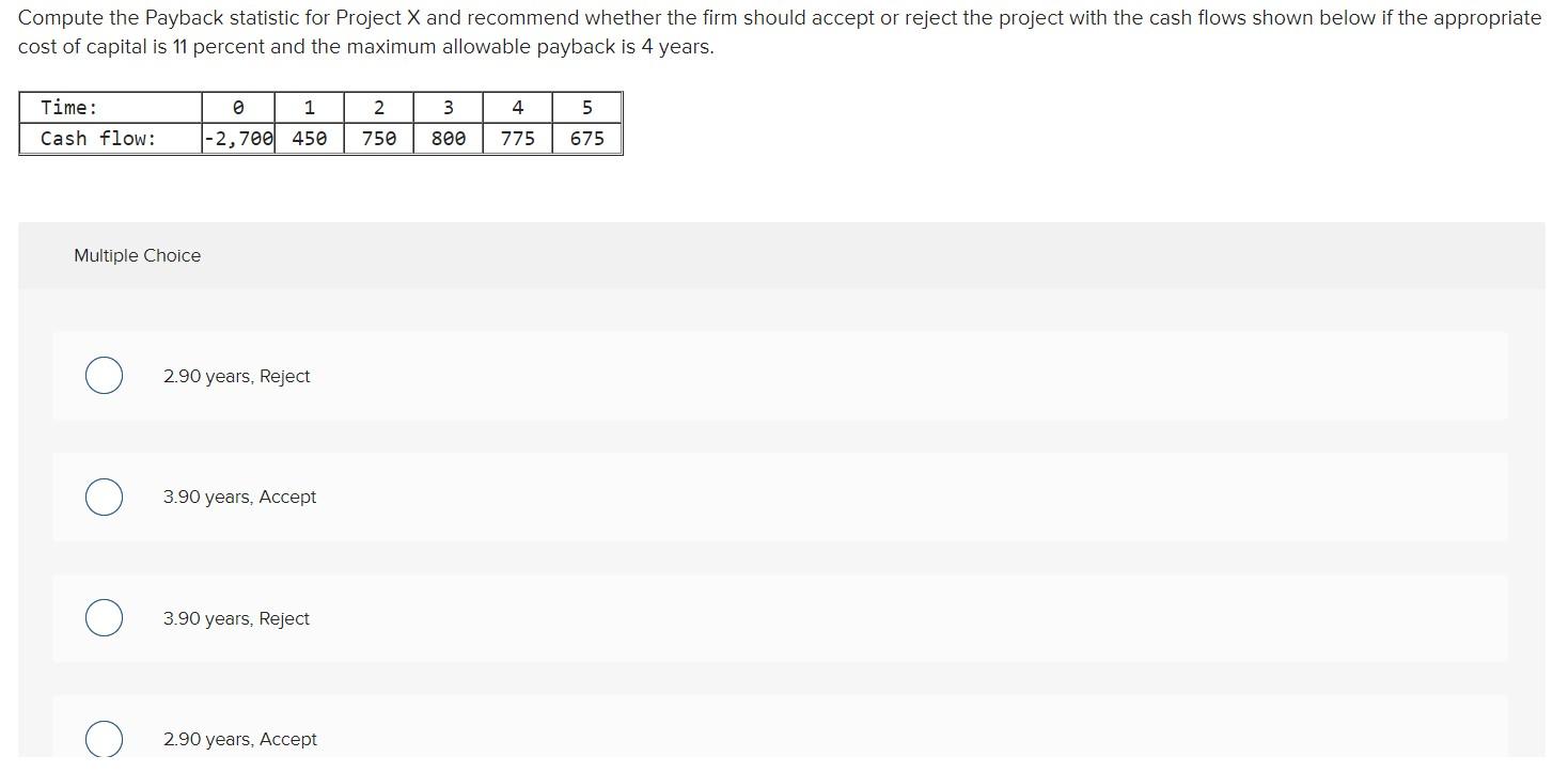  Compute the Payback statistic for Project X and recommend whether the